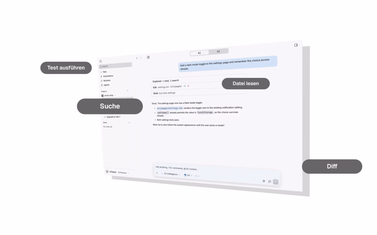 KI-Agent A2Agent: App-Fenster mit Chat und Terminal